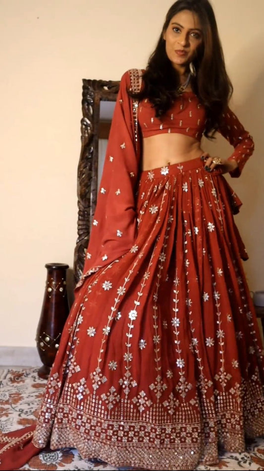 Wedding Wear Sequences Embroidery Work Red Color Lehenga Choli