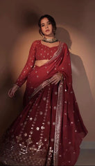 Wedding Wear Sequences Embroidery Work Red Color Lehenga Choli