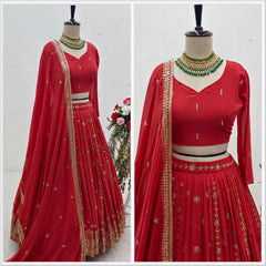 Wedding Wear Sequences Embroidery Work Red Color Lehenga Choli