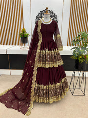 Mesmerizing Embroidery Sequence Work Maroon Color Top With Lehenga