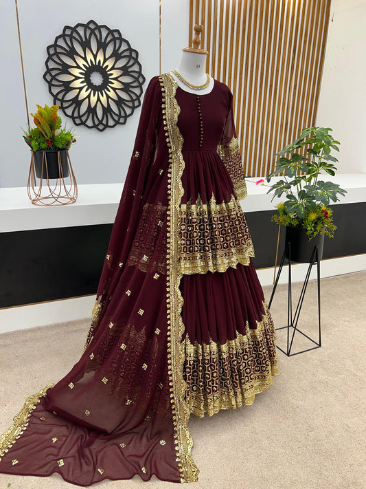 Mesmerizing Embroidery Sequence Work Maroon Color Top With Lehenga