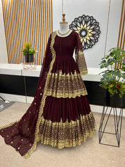 Mesmerizing Embroidery Sequence Work Maroon Color Top With Lehenga