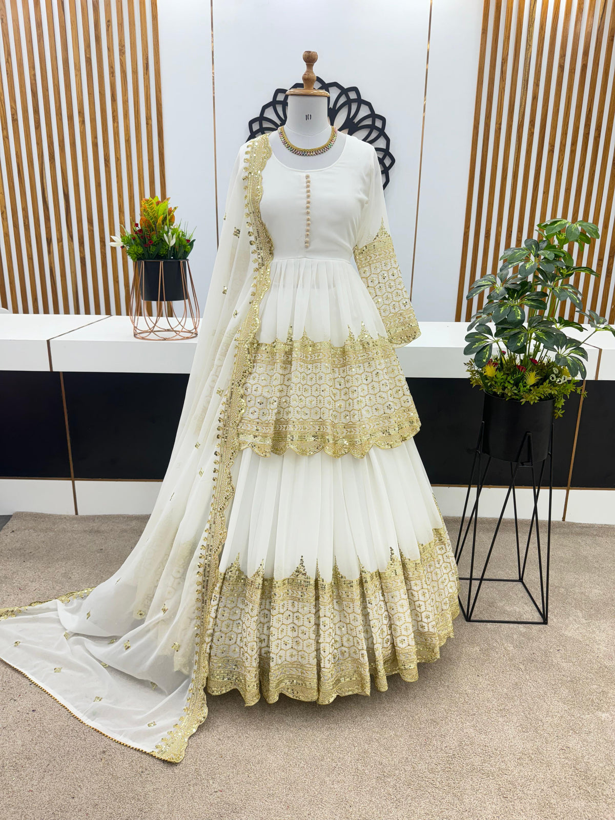 Mesmerizing Embroidery Sequence Work White Color Top With Lehenga