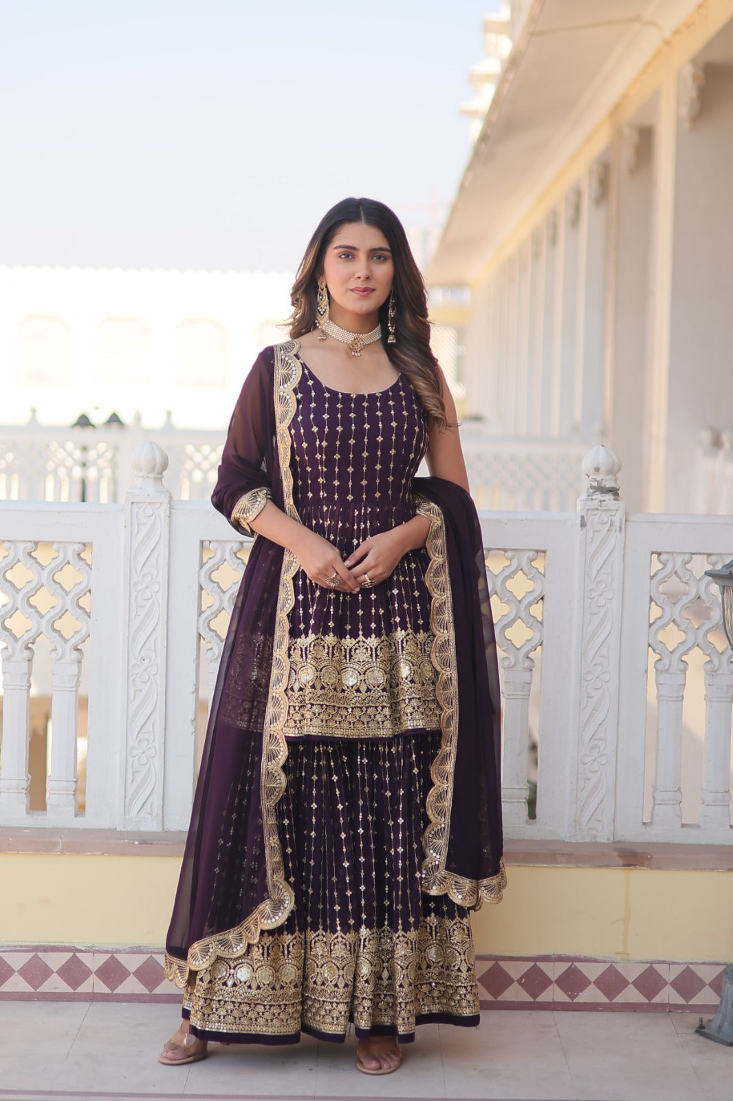 Presenting Sequins Thread Embroidered work Purple Color Sharara Suit