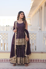 Presenting Sequins Thread Embroidered work Purple Color Sharara Suit