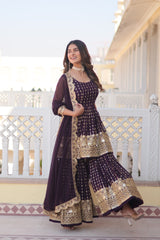 Presenting Sequins Thread Embroidered work Purple Color Sharara Suit