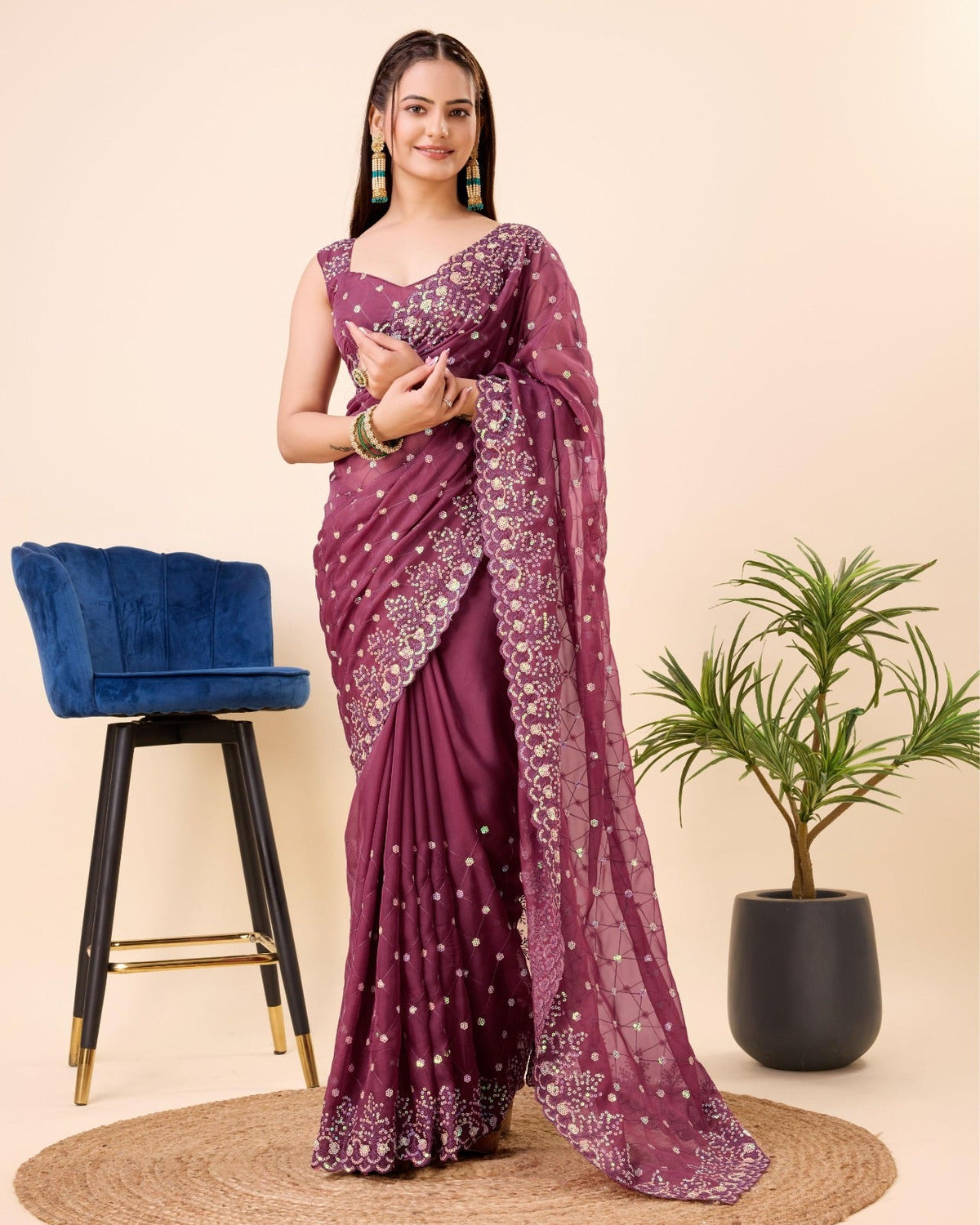 Captivating Embroidery Work Maroon Color Organza Silk Saree