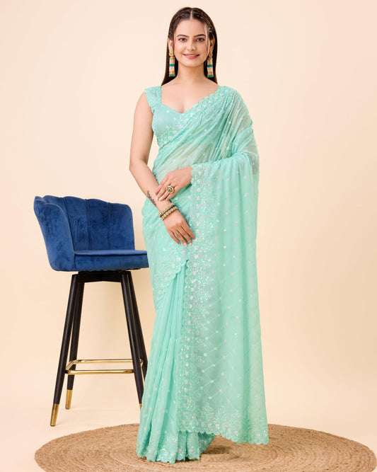 Captivating Embroidery Work Sky Blue Color Organza Silk Saree