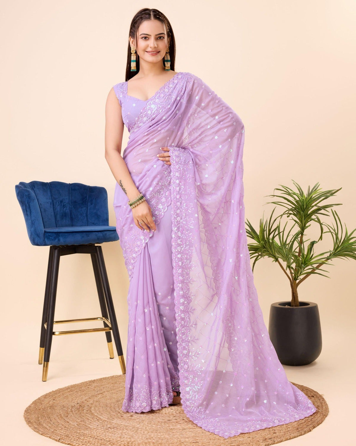 Captivating Embroidery Work Onion Color Organza Silk Saree