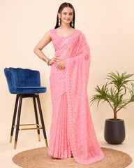 Captivating Embroidery Work Peach Color Organza Silk Saree