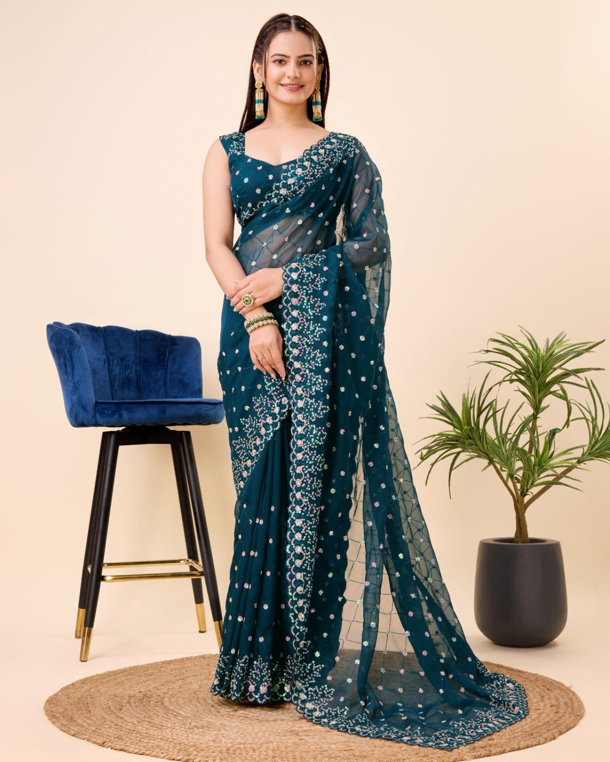 Captivating Embroidery Work Teal Color Organza Silk Saree