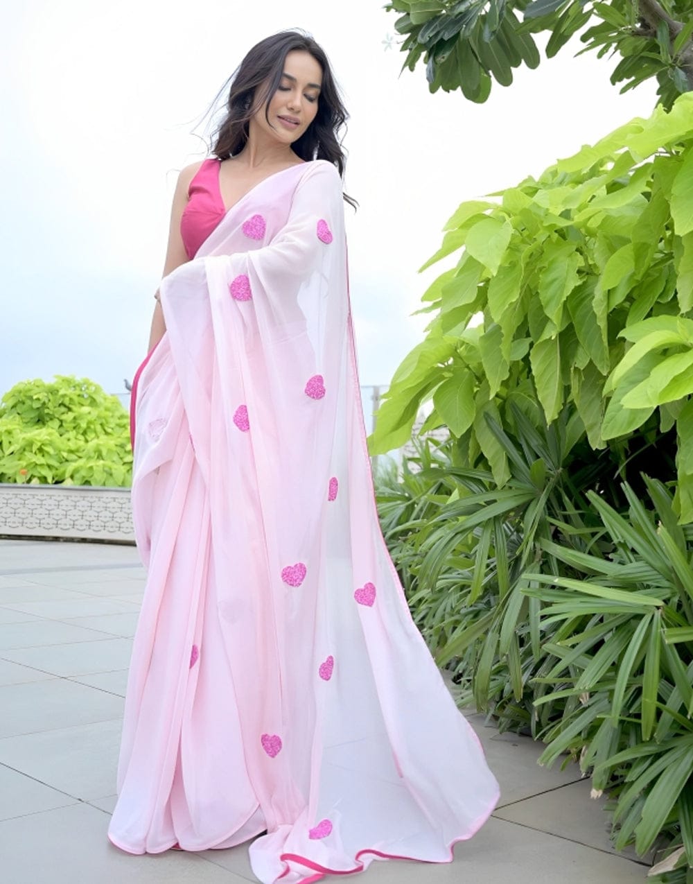 Beautiful Embroidery Pink Colour Heart Design Ready To Wear Saree