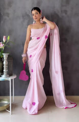 Beautiful Embroidery Pink Colour Heart Design Ready To Wear Saree