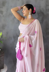 Beautiful Embroidery Pink Colour Heart Design Ready To Wear Saree