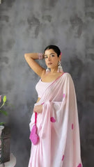 Beautiful Embroidery Pink Colour Heart Design Ready To Wear Saree