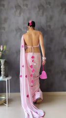 Beautiful Embroidery Pink Colour Heart Design Ready To Wear Saree