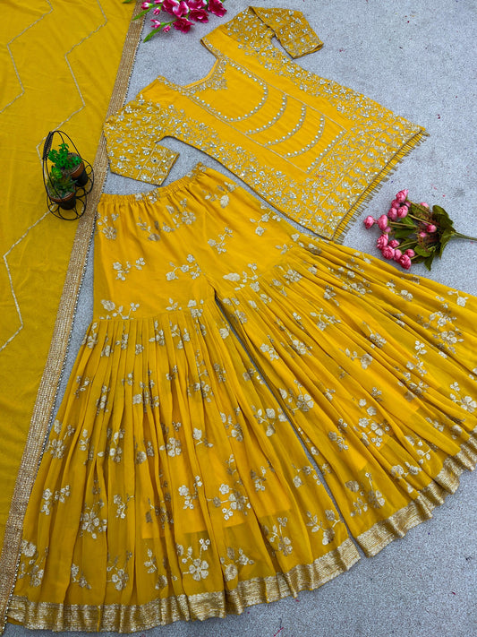 Charming Embroidery Sequence Work Yellow Color Sharara Suit