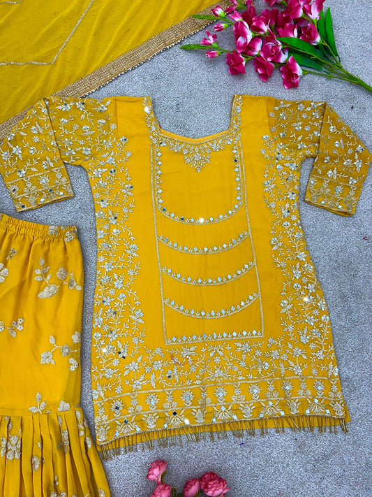 Charming Embroidery Sequence Work Yellow Color Sharara Suit