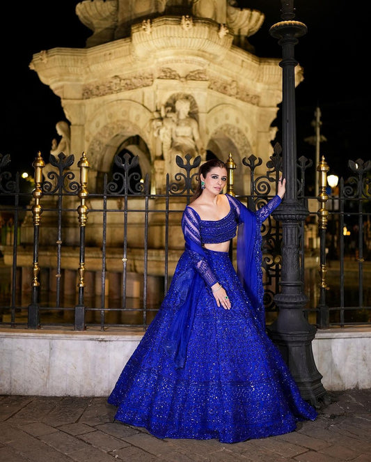 Wedding Wear Zari With Sequence Work Blue Color Lehenga Choli