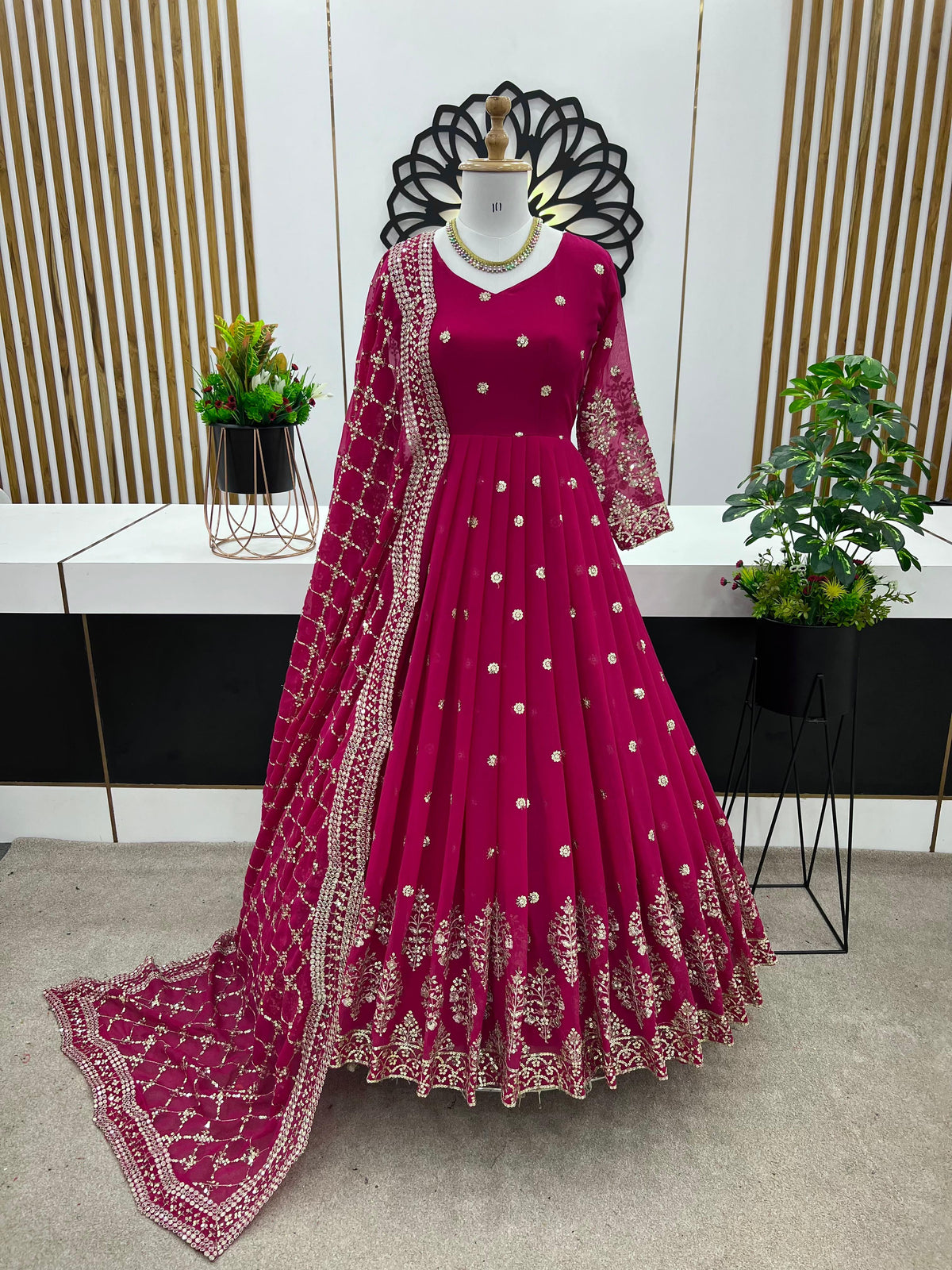 Mesmerizing Embroidery Sequence Work Pink Color Long Gown