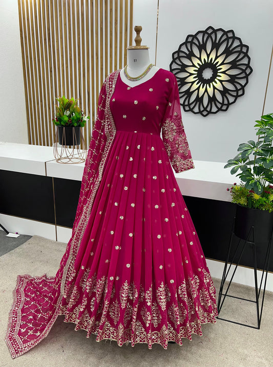 Mesmerizing Embroidery Sequence Work Pink Color Long Gown