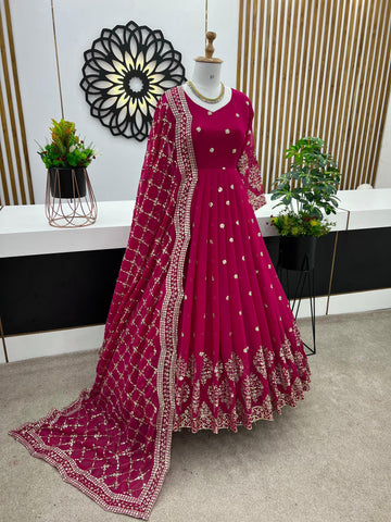 Mesmerizing Embroidery Sequence Work Pink Color Long Gown