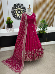 Mesmerizing Embroidery Sequence Work Pink Color Long Gown