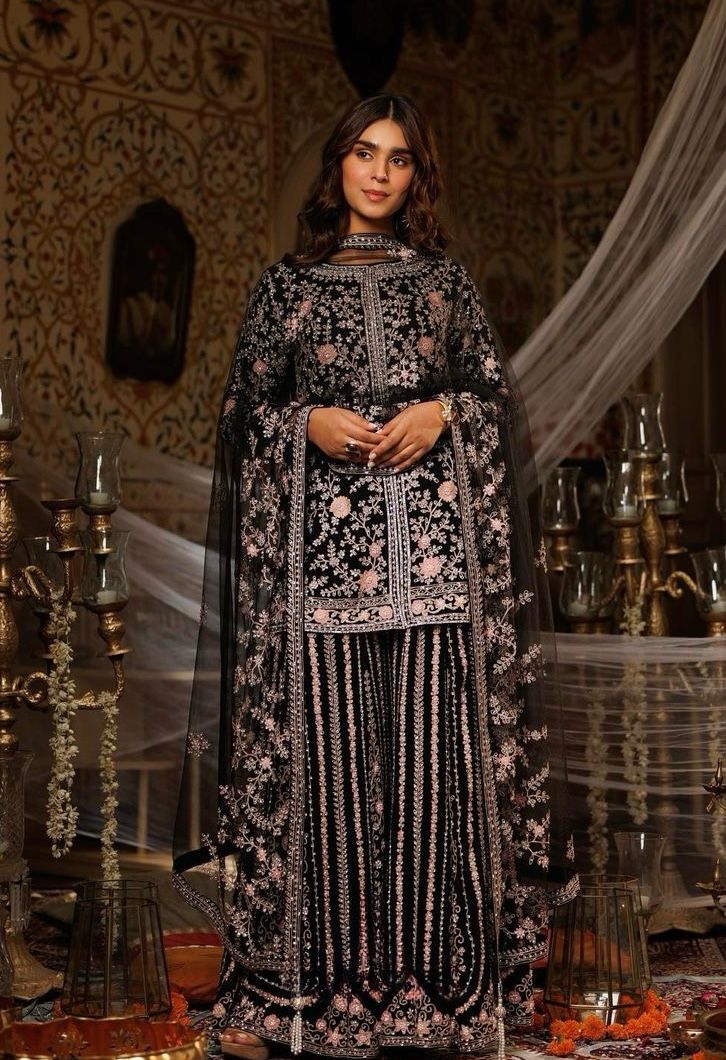 Attractive  Embroidery Heavy Stone Hand Work Black Color Sharara Suit