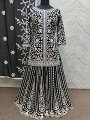 Attractive  Embroidery Heavy Stone Hand Work Black Color Sharara Suit