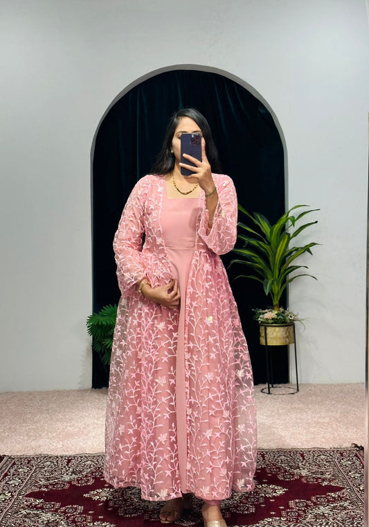 Flattering  Pink Color Embroidery Work Gown With Koti