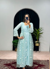 Flattering  Sky Blue Color Embroidery Work Gown With Koti