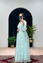 Flattering  Sky Blue Color Embroidery Work Gown With Koti