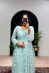 Flattering  Sky Blue Color Embroidery Work Gown With Koti