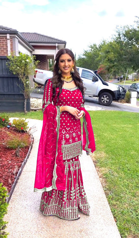 Glimmering Heavy Embroidery Sequence Work Pink Color Sharara Suit