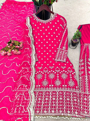 Glimmering Heavy Embroidery Sequence Work Pink Color Sharara Suit