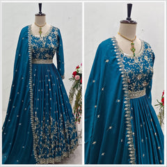 Occasion Wear Teal Blue Color Sequence Work Gown