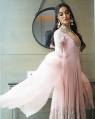 Stunning Embroidery Sequence Work Pink Color Gown