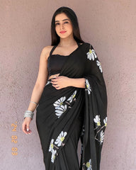 Amazing Black Color Hand Painted Saree