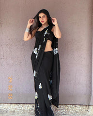 Amazing Black Color Hand Painted Saree