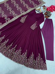 Lovely Sequence Embroidery Work Wine Color Gown With Dupatta