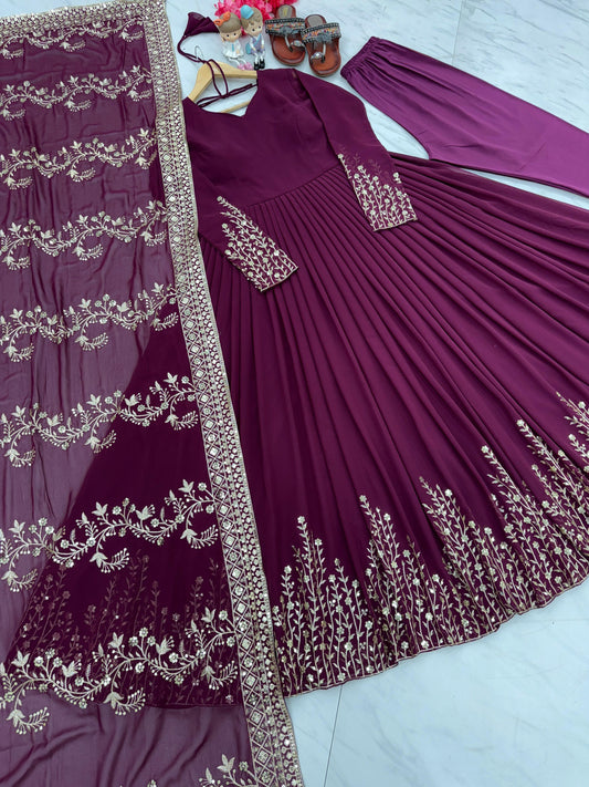 Lovely Sequence Embroidery Work Wine Color Gown With Dupatta