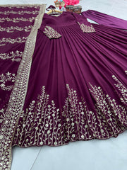 Lovely Sequence Embroidery Work Wine Color Gown With Dupatta