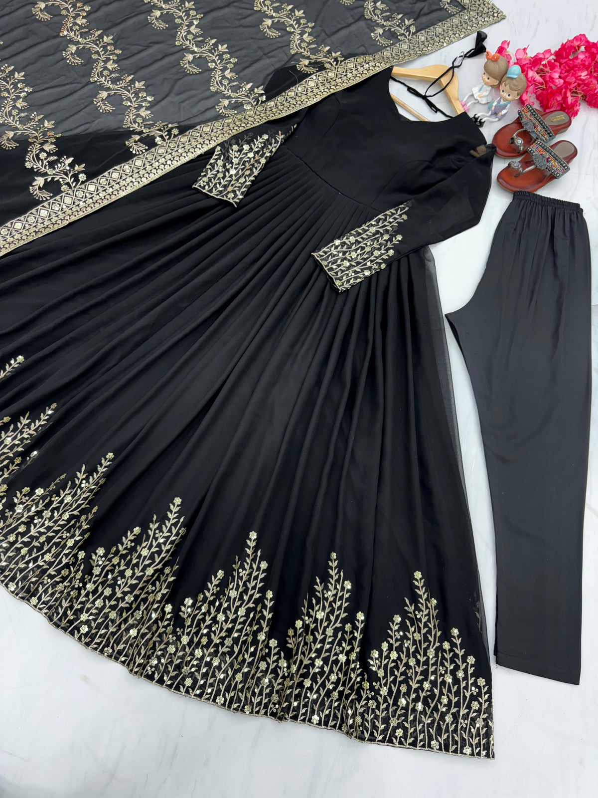 Lovely Sequence Embroidery Work Black Color Gown With Dupatta