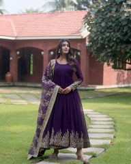 Lovely Sequence Embroidery Work Purple Color Gown With Dupatta