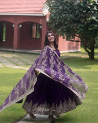 Lovely Sequence Embroidery Work Purple Color Gown With Dupatta