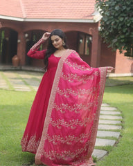 Lovely Sequence Embroidery Work Pink Color Gown With Dupatta