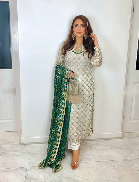 Peaceful Embroidery Sequence Work White Color Suit With Green Color Dupatta