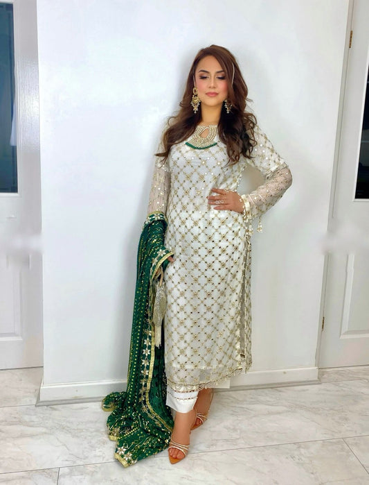 Peaceful Embroidery Sequence Work White Color Suit With Green Color Dupatta