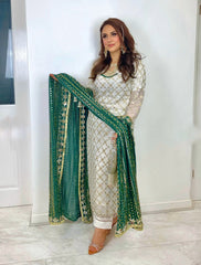 Peaceful Embroidery Sequence Work White Color Suit With Green Color Dupatta