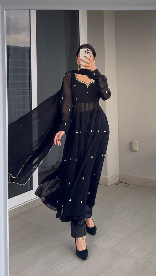 Outstanding Thread Work Black Color Anarkali Gown